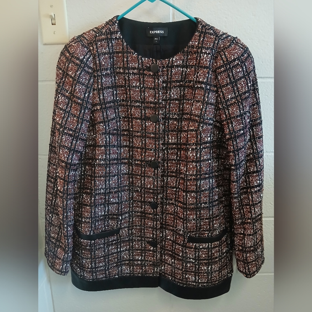 EXPRESS Metallic Plaid Tweed Jacket Blazer - Faux Leather Trim - Black &…